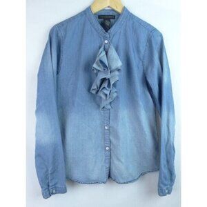 Grace Elements Women's Shirt Size Medium Blue Ruffle Long Sleeve Button Down Top